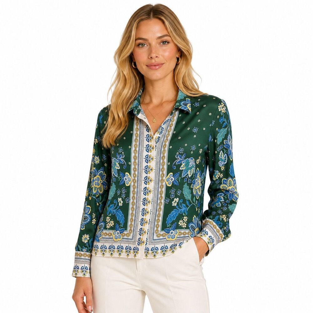 Maeve Blouse Womens XXS Green Floral Collared Button Front Long Sleeve Top